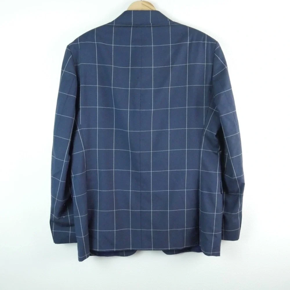 Saks Fifth Avenue Mens Navy Windowpane Silk Wool Slim Fit Blazer Sport Coat 44R